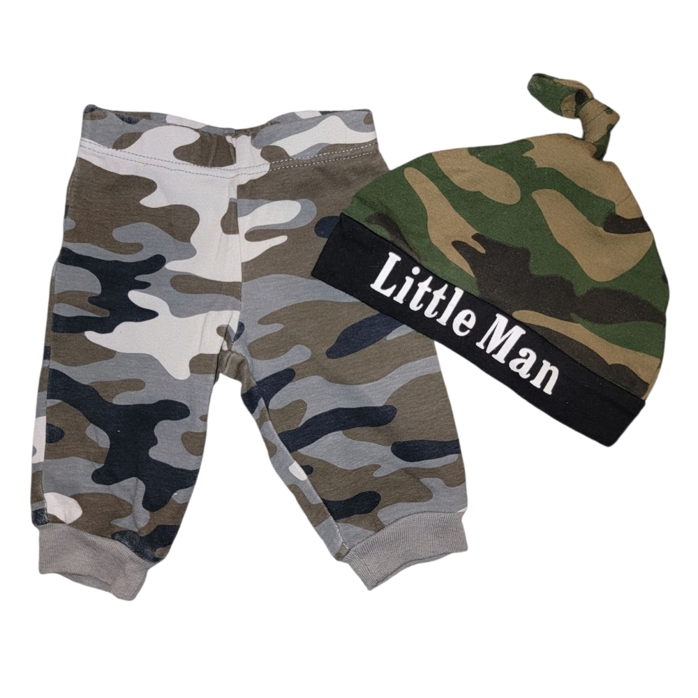 Newborn Baby Camo Pants and Little Man Hat Set